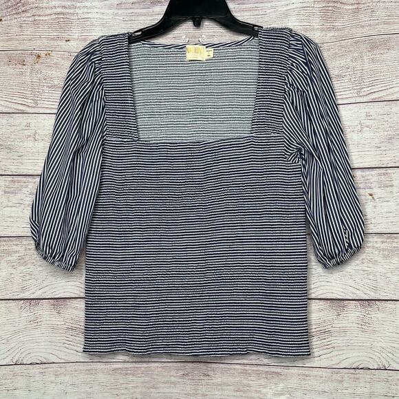 Nation LTD Samira Smocked Tee Navy Stripe Puff Sleeve Top Size Large New - Picture 5 of 12